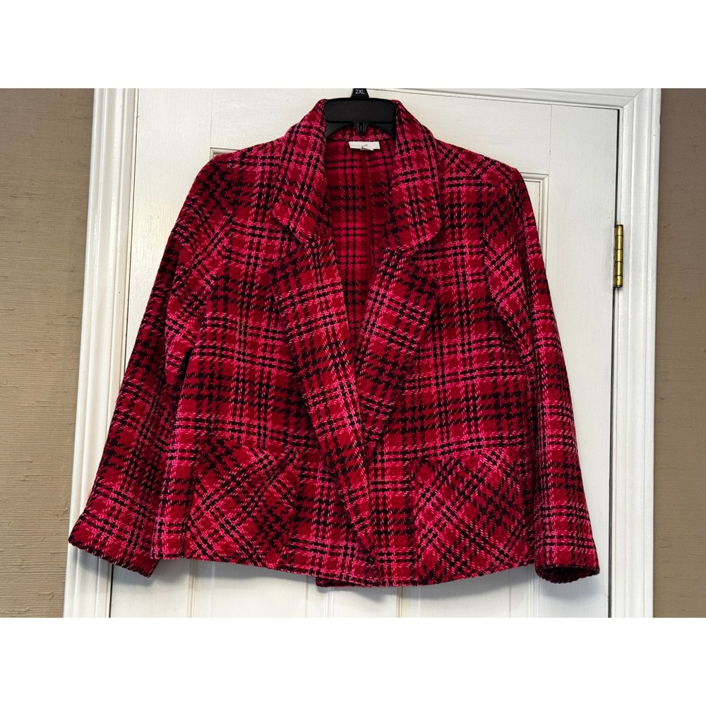 J. Jill Womens Red Black Plaid Tweed Open Front Blazer Jacket Size M